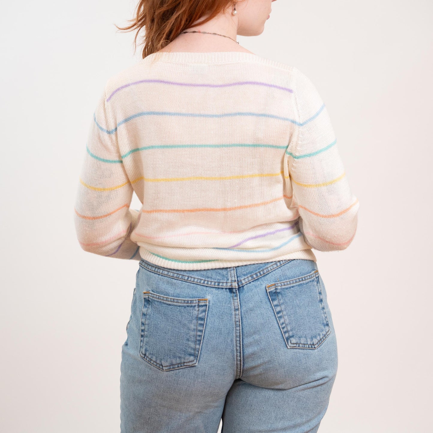 Vintage 80s Pastel Rainbow Striped Boatneck Sweater - Large