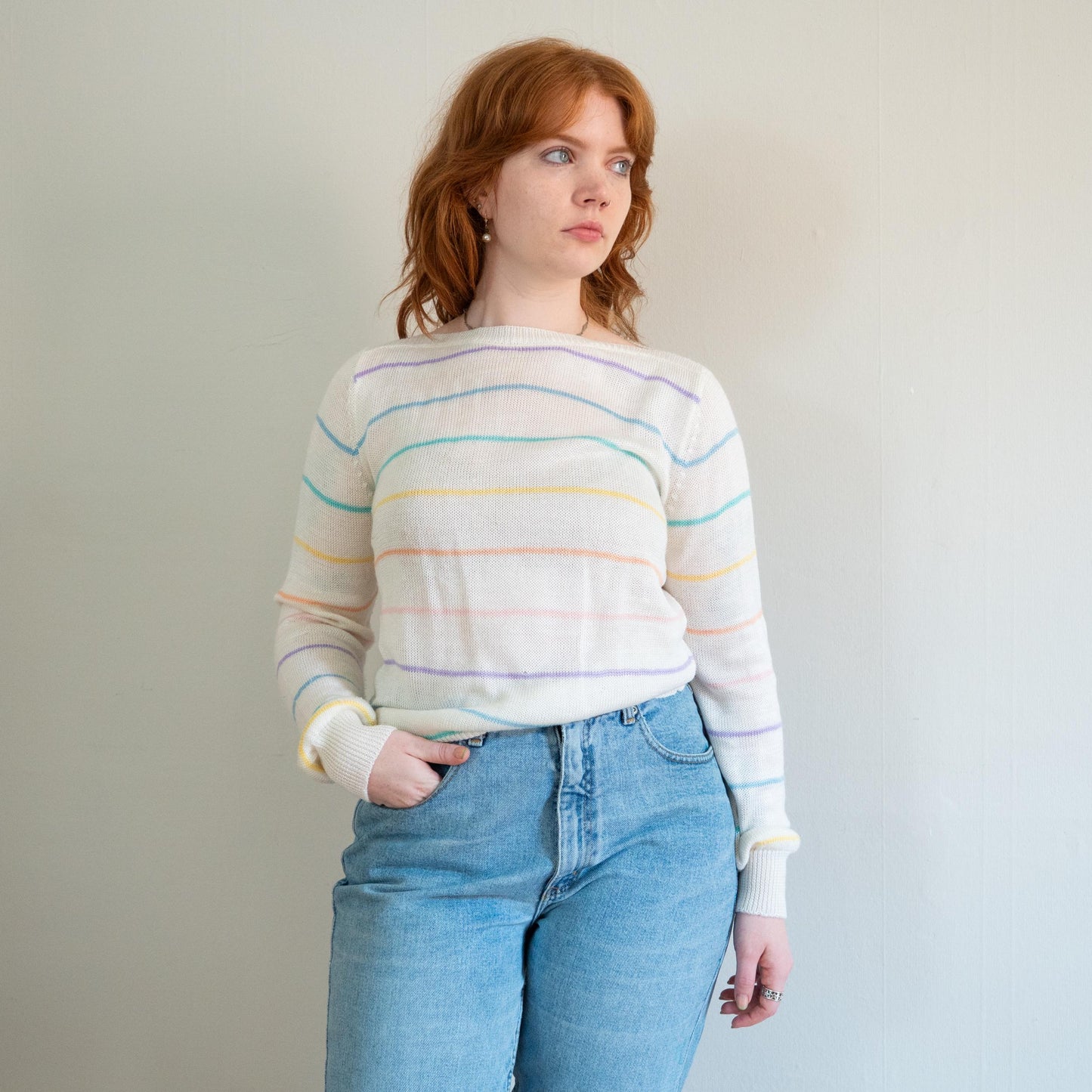Vintage 80s Pastel Rainbow Striped Boatneck Sweater - Large