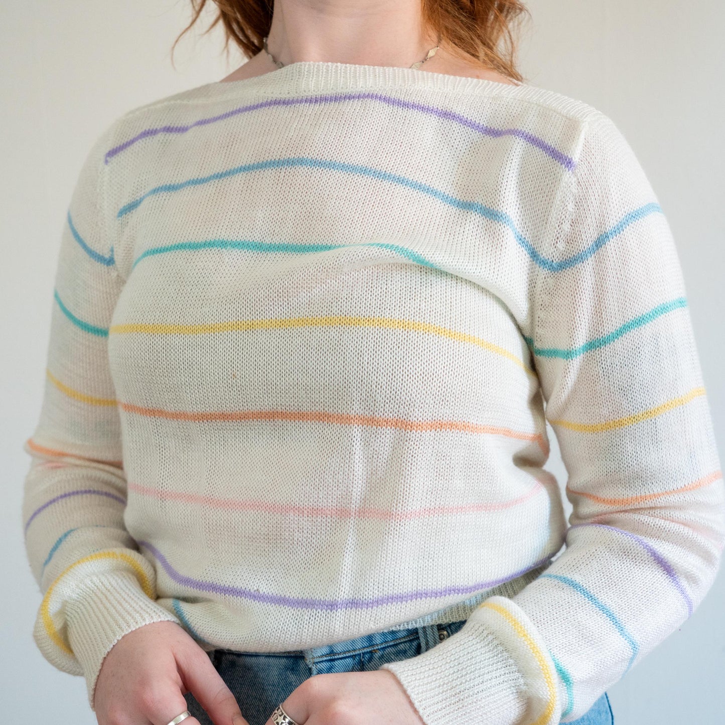 Vintage 80s Pastel Rainbow Striped Boatneck Sweater - Large