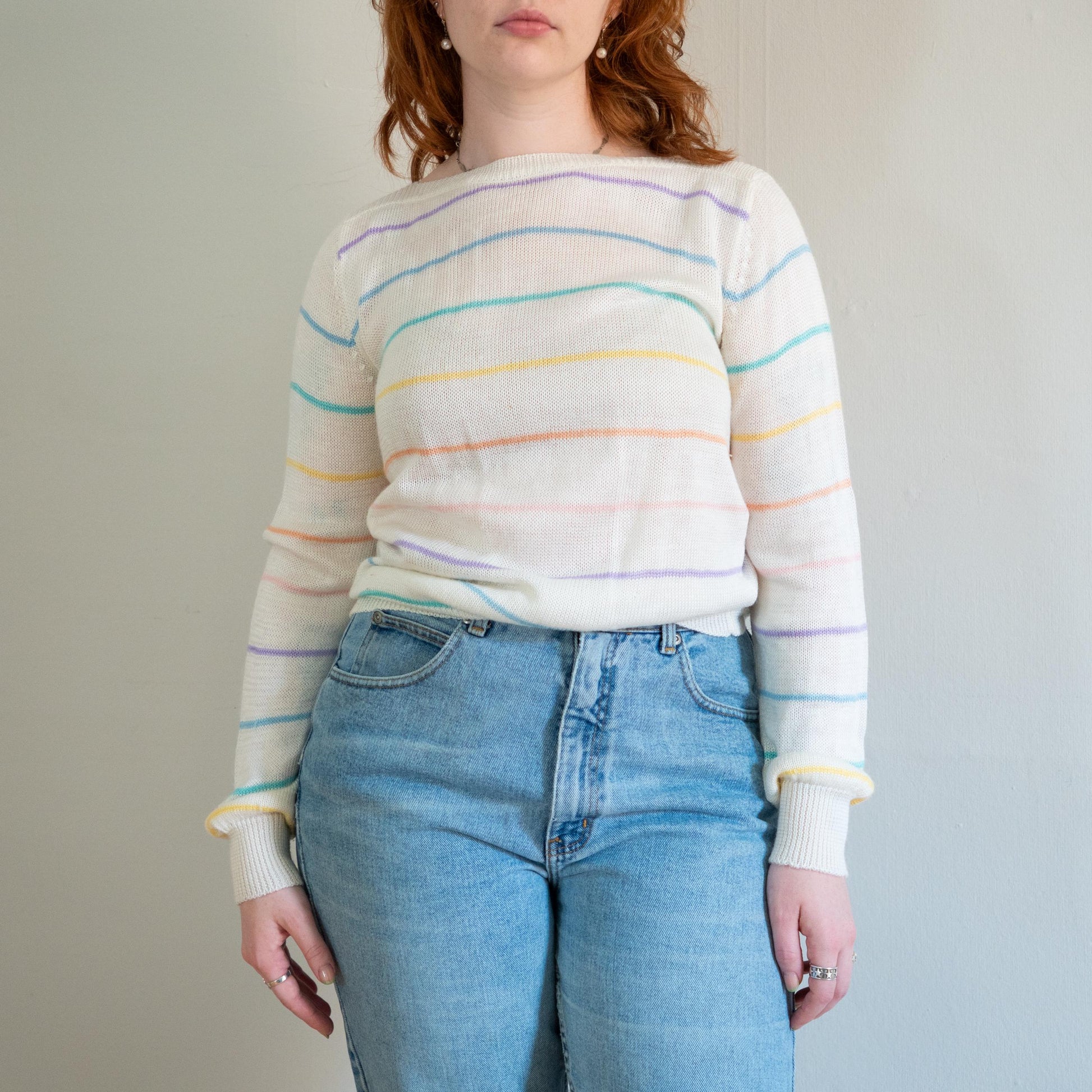 Vintage 80s Pastel Rainbow Striped Boatneck Sweater - Large