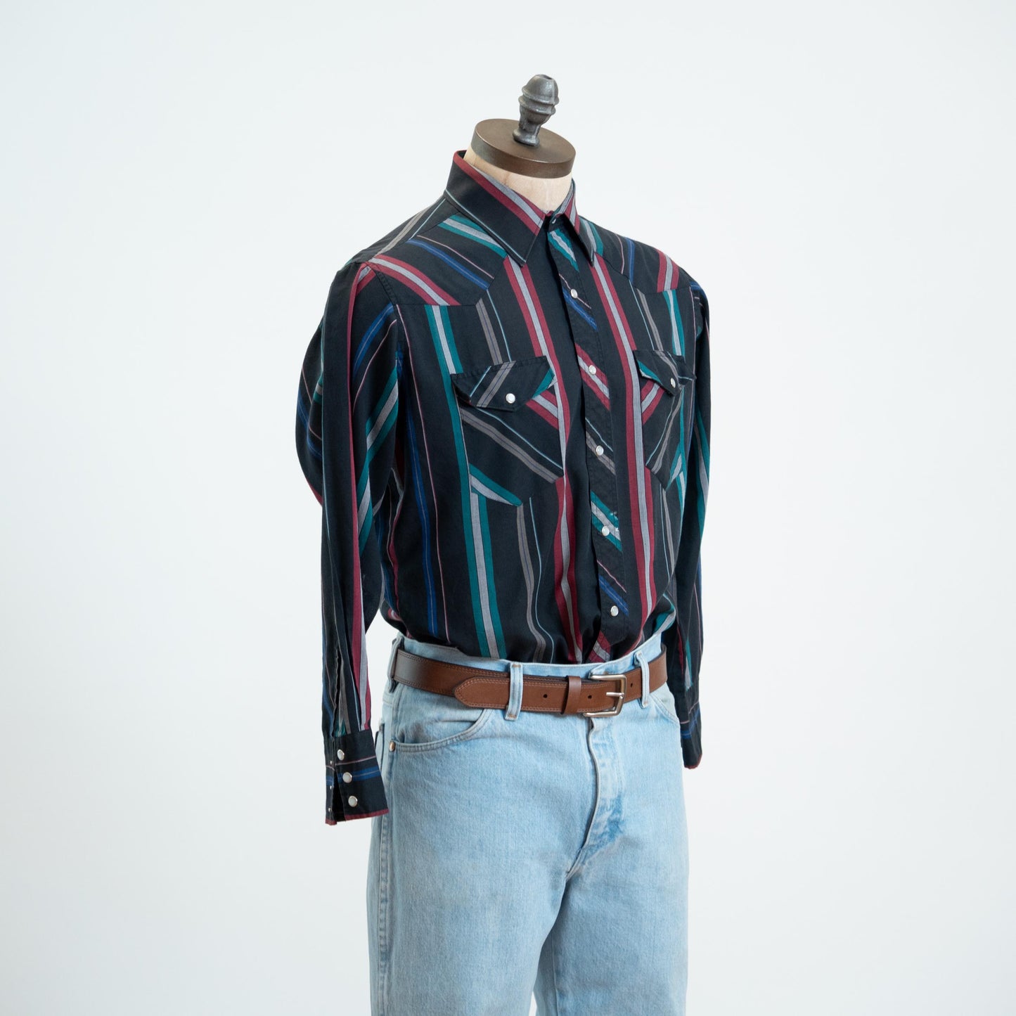 Vintage 80s Black Striped Pearl Snap Western Shirt - Large