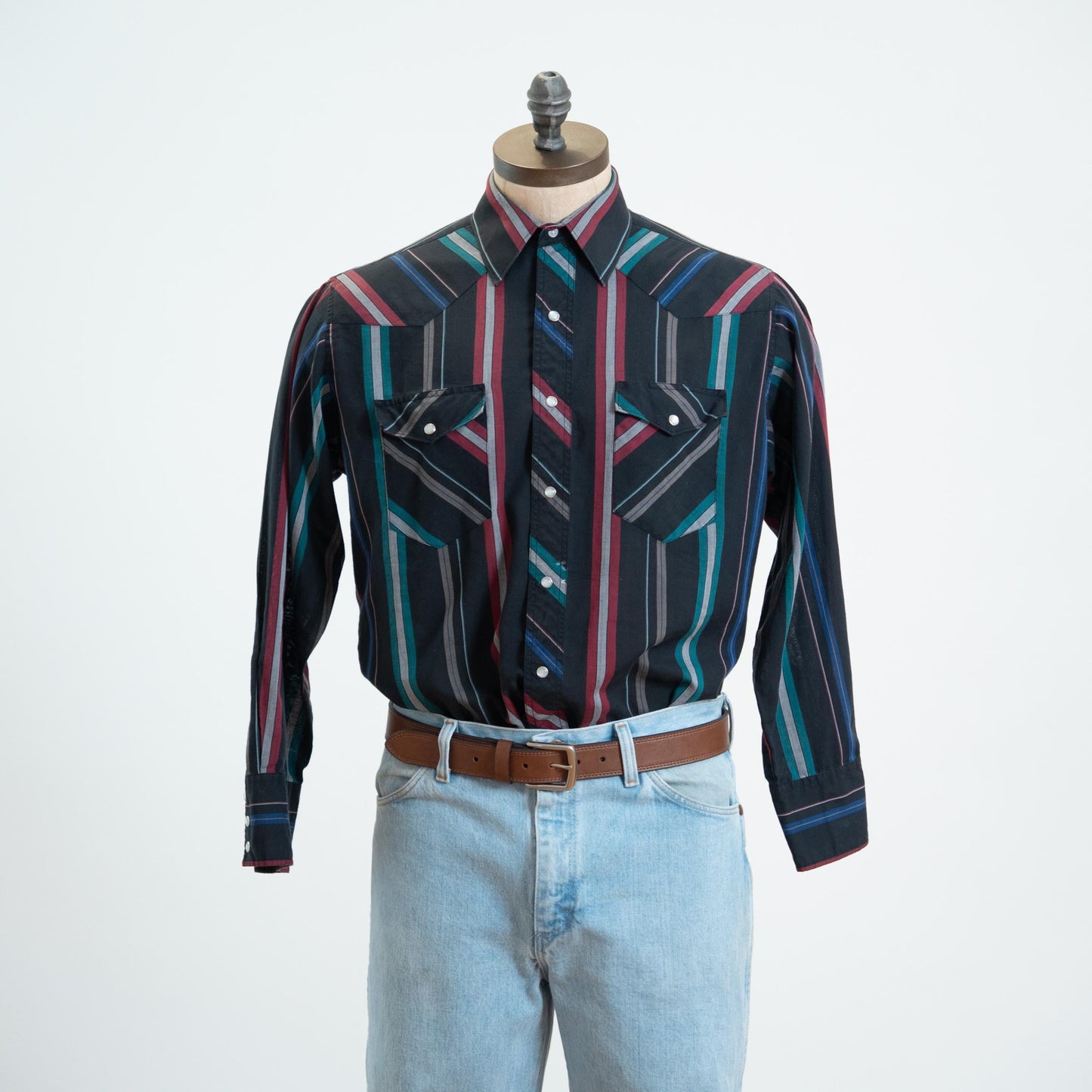Vintage 80s Black Striped Pearl Snap Western Shirt - Large