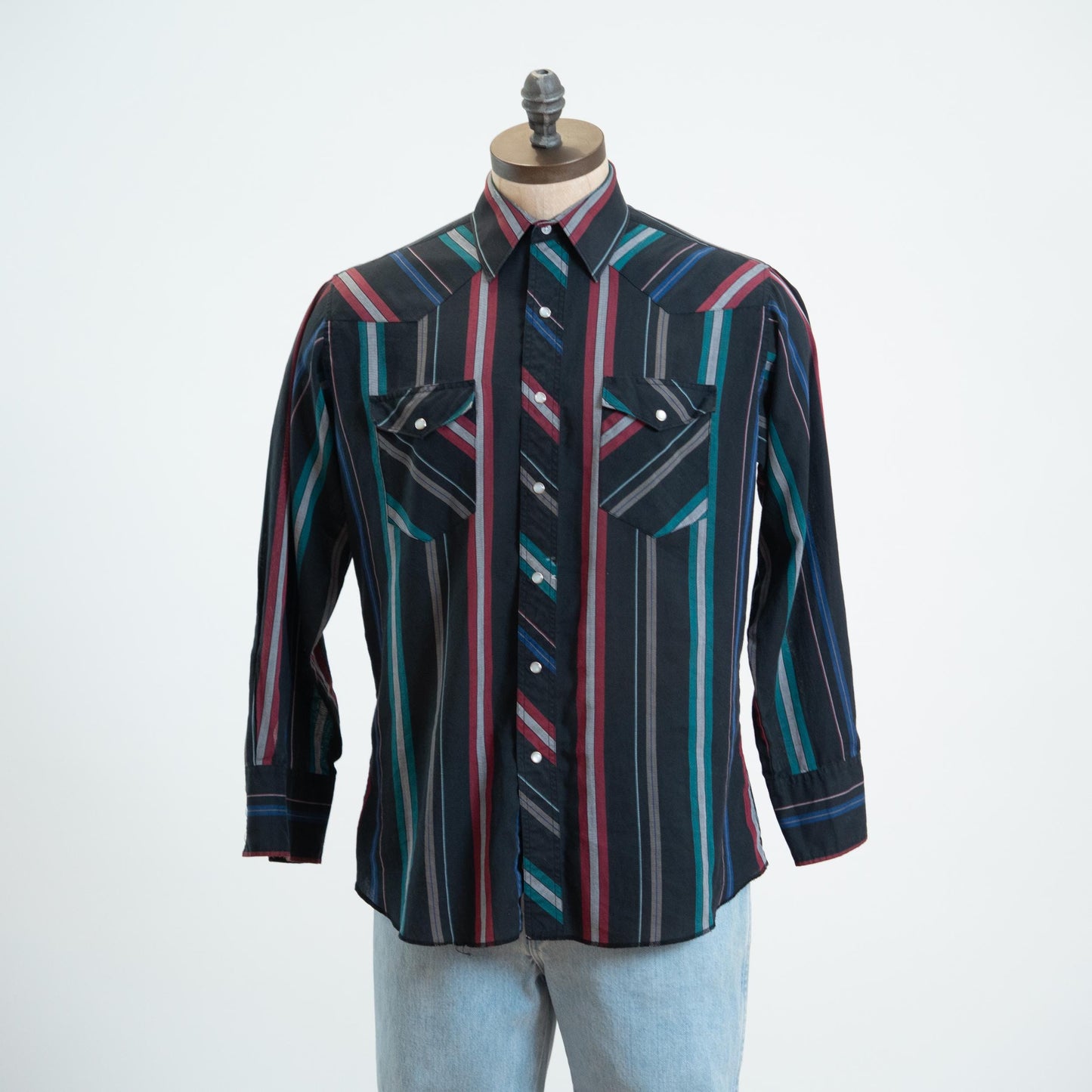 Vintage 80s Black Striped Pearl Snap Western Shirt - Large