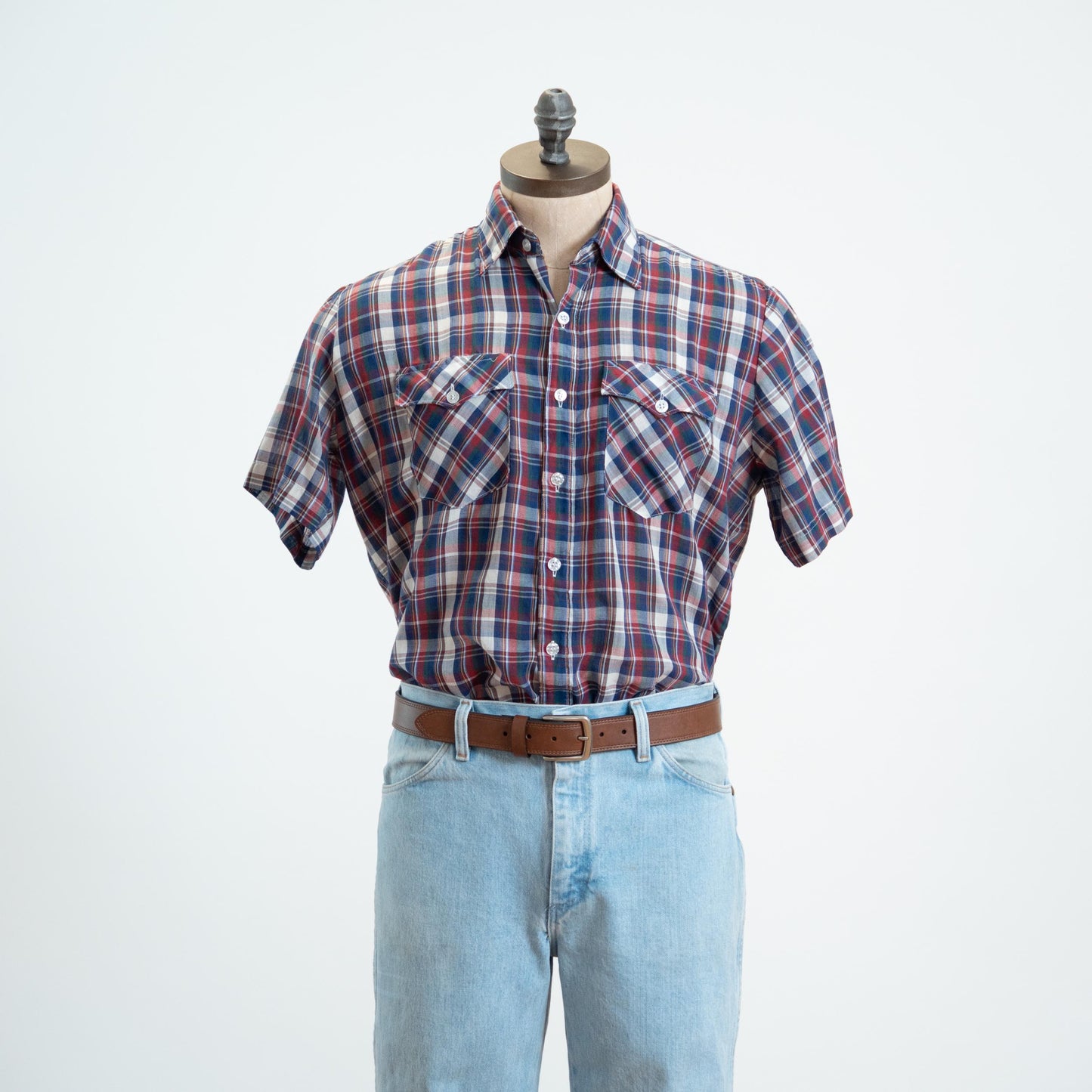 Vintage 80s Plaid Paper Thin Collared Shirt - Large