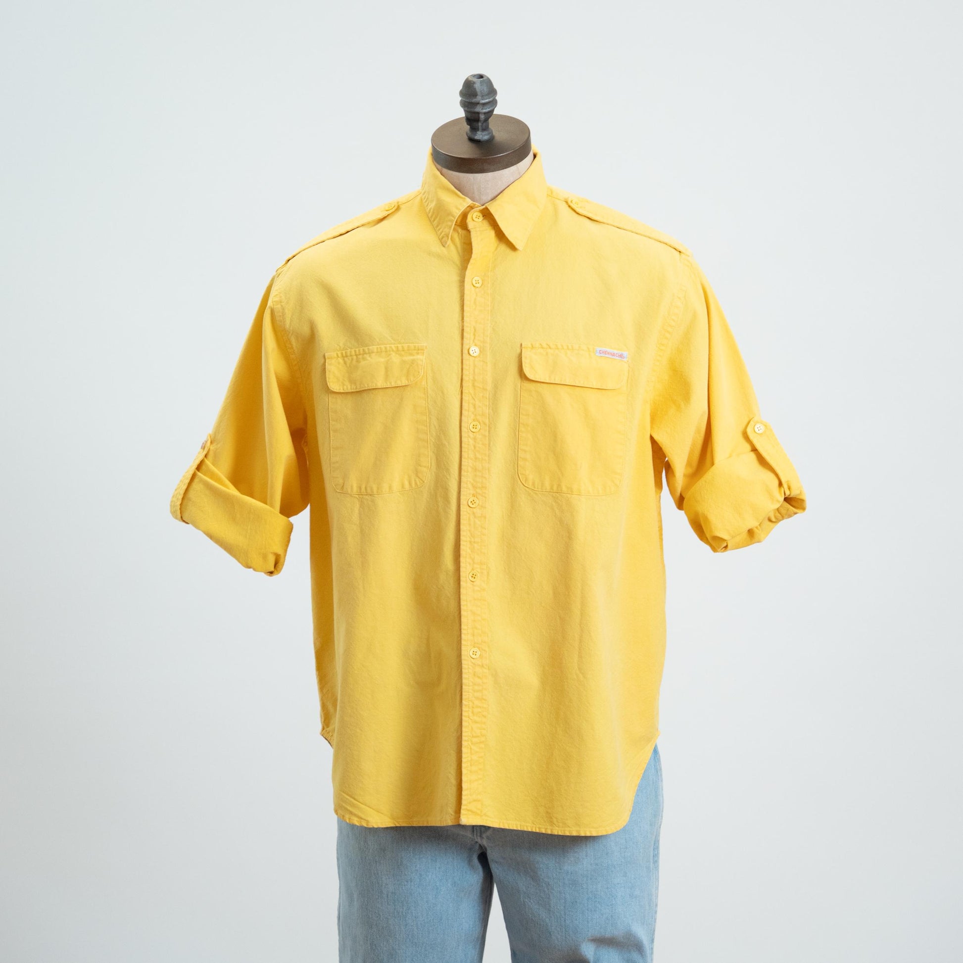 Vintage 90s Yellow Cotton Roll Tab Cuffed Sleeve Shirt - One Size