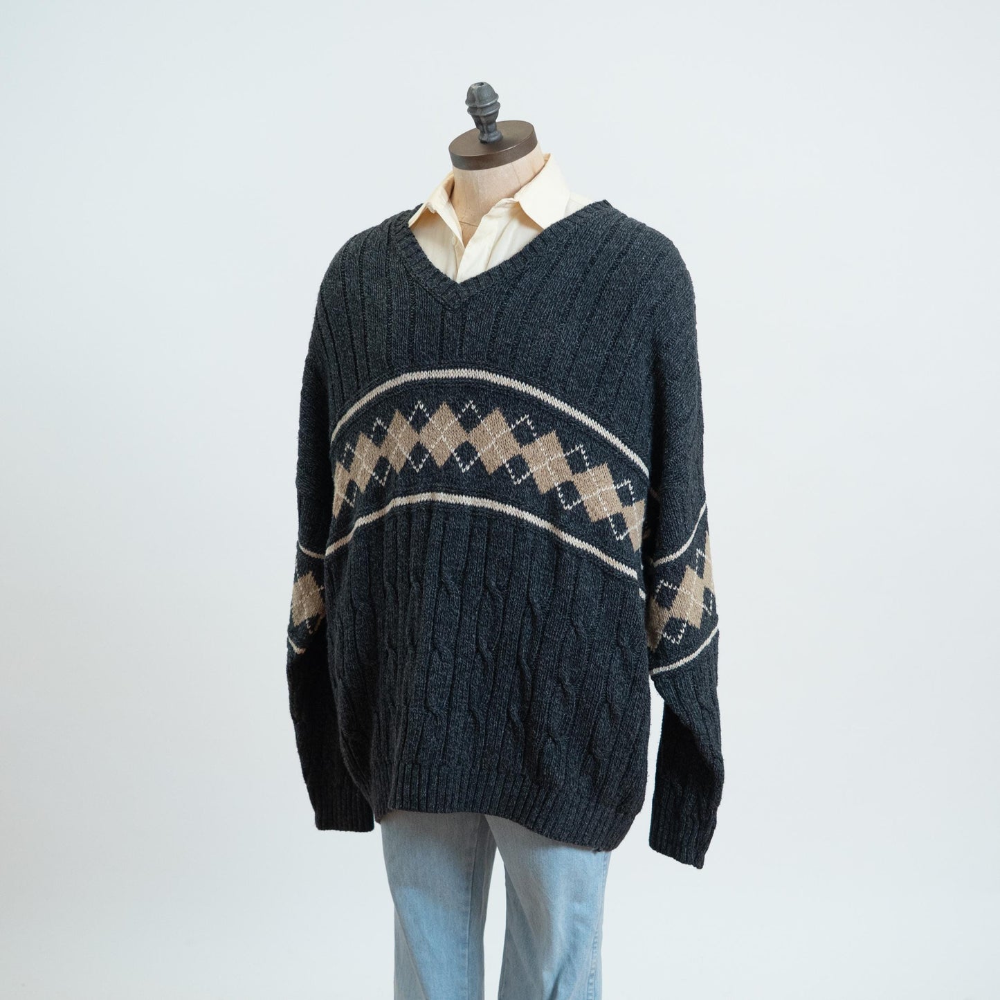 Vintage 90s Argyle Cable Knit Sweater - 3X