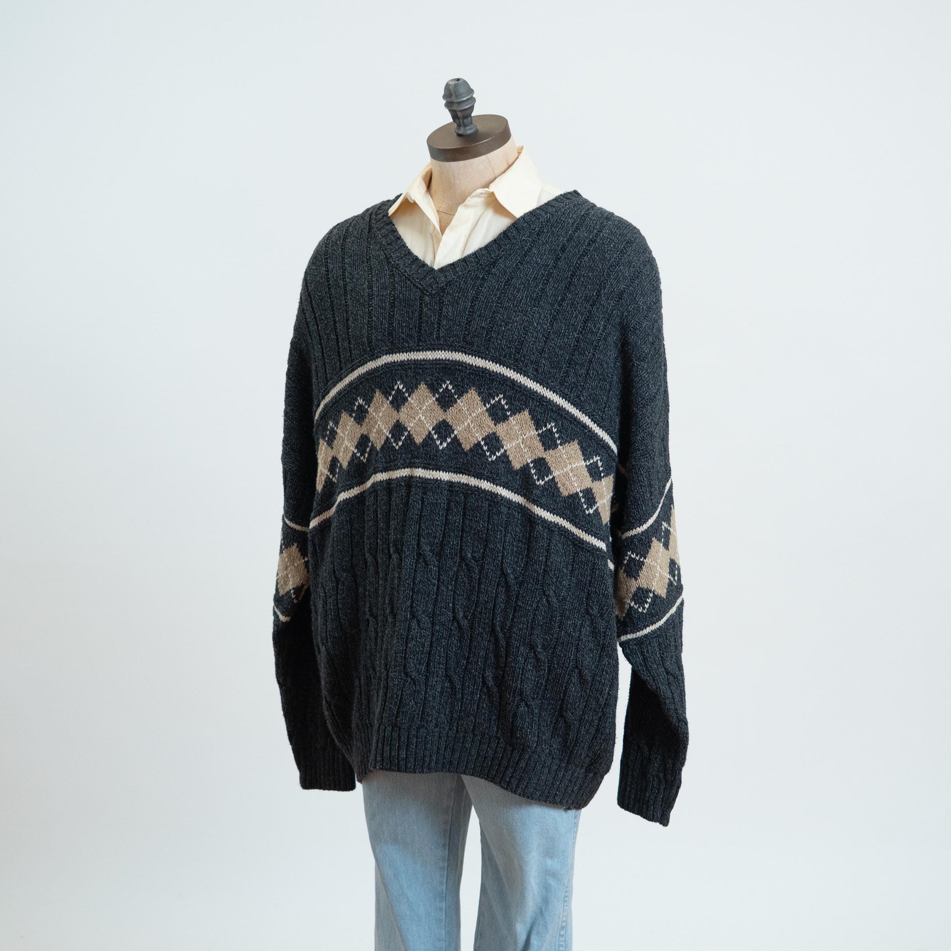 Vintage 90s Argyle Cable Knit Sweater - 3X