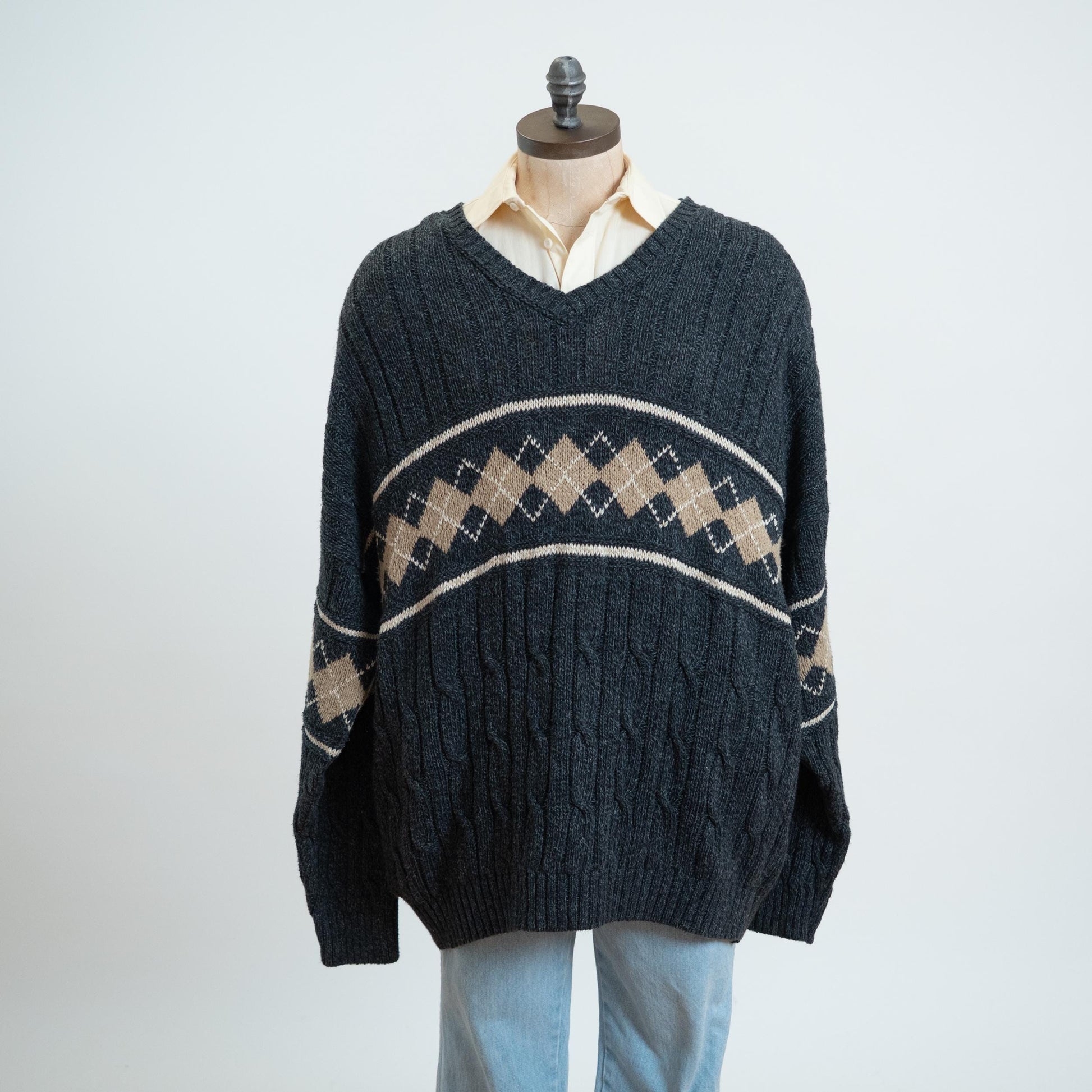 Vintage 90s Argyle Cable Knit Sweater - 3X