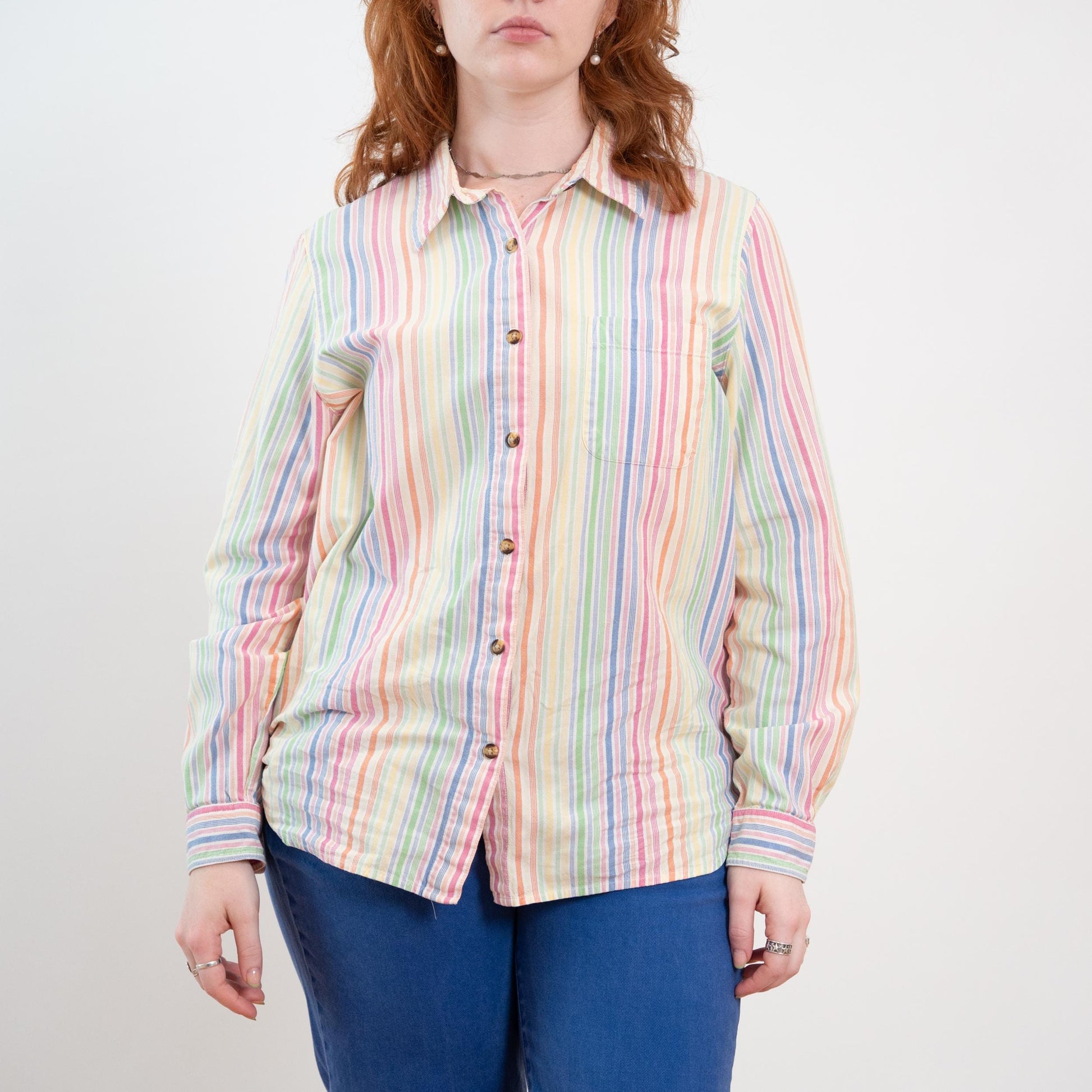 Vintage 90s Rainbow Striped Button Up Shirt - Large