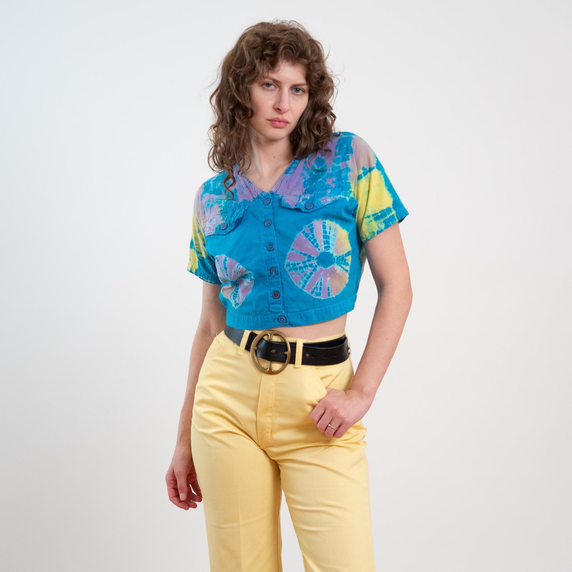 Vintage 80s Blue Tie Dye Crop Top - Small