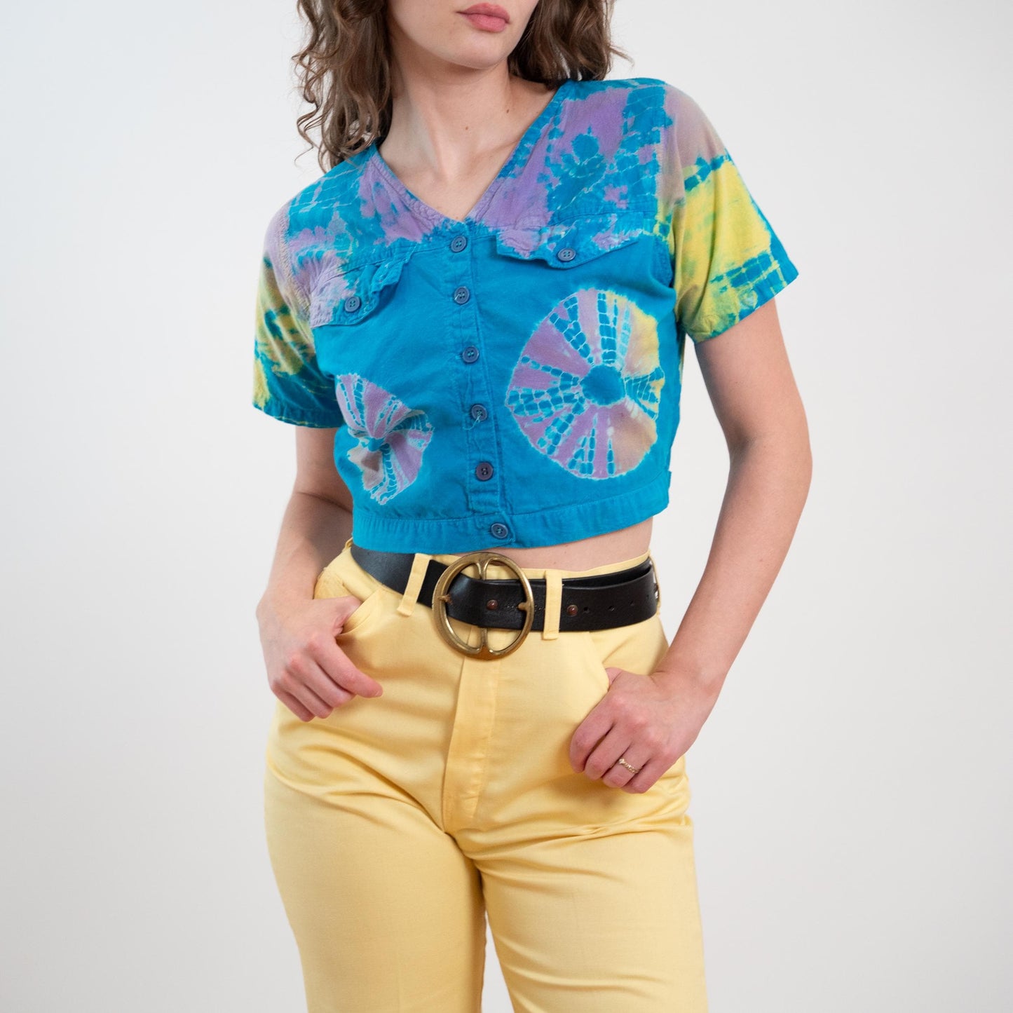 Vintage 80s Blue Tie Dye Crop Top - Small