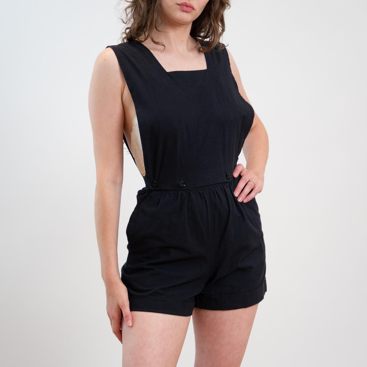 Vintage 80s Black Pinafore Low Back Romper - Small 