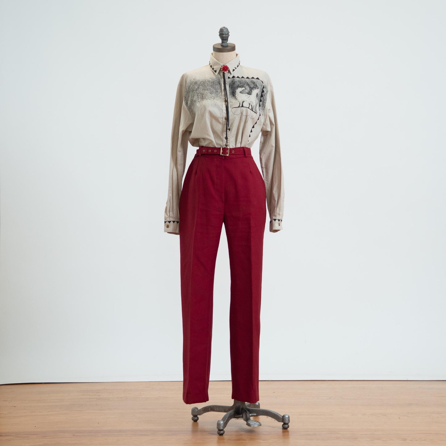Vintage 70s Belted Wine Red Trousers - Medium, 29" Waist