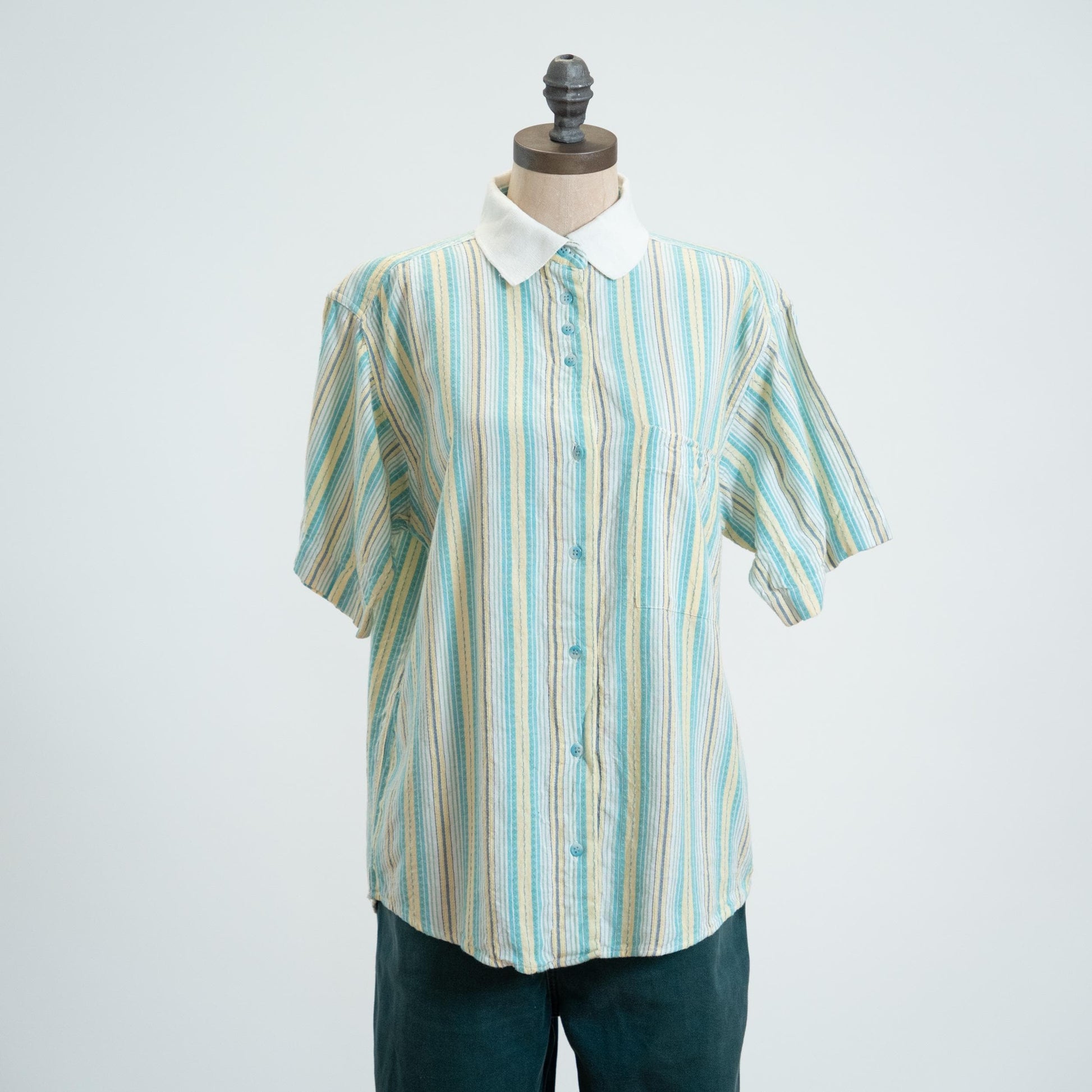 Vintage 90s Mint Candy Striped Cotton Shirt - Small