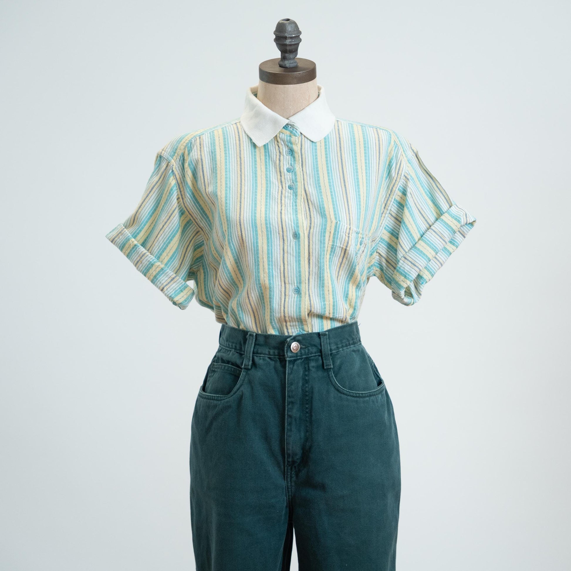 Vintage 90s Mint Candy Striped Cotton Shirt - Small