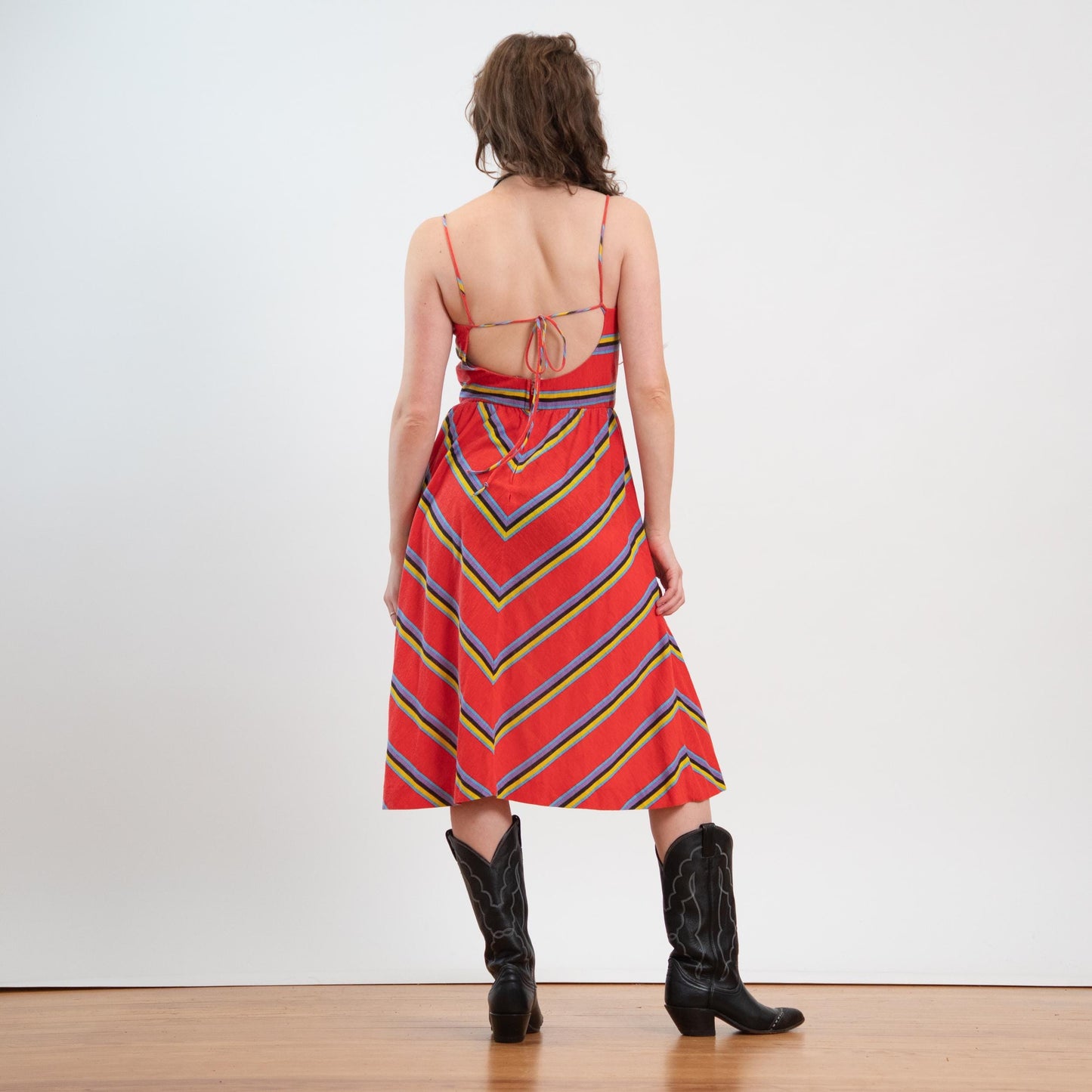 Vintage 70s Red Chevron Striped Low Back Sundress - Medium