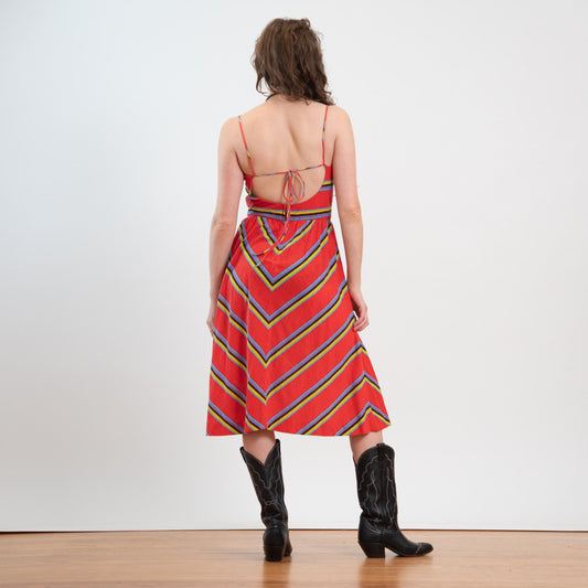 Vintage 70s Red Chevron Striped Low Back Sundress - Medium