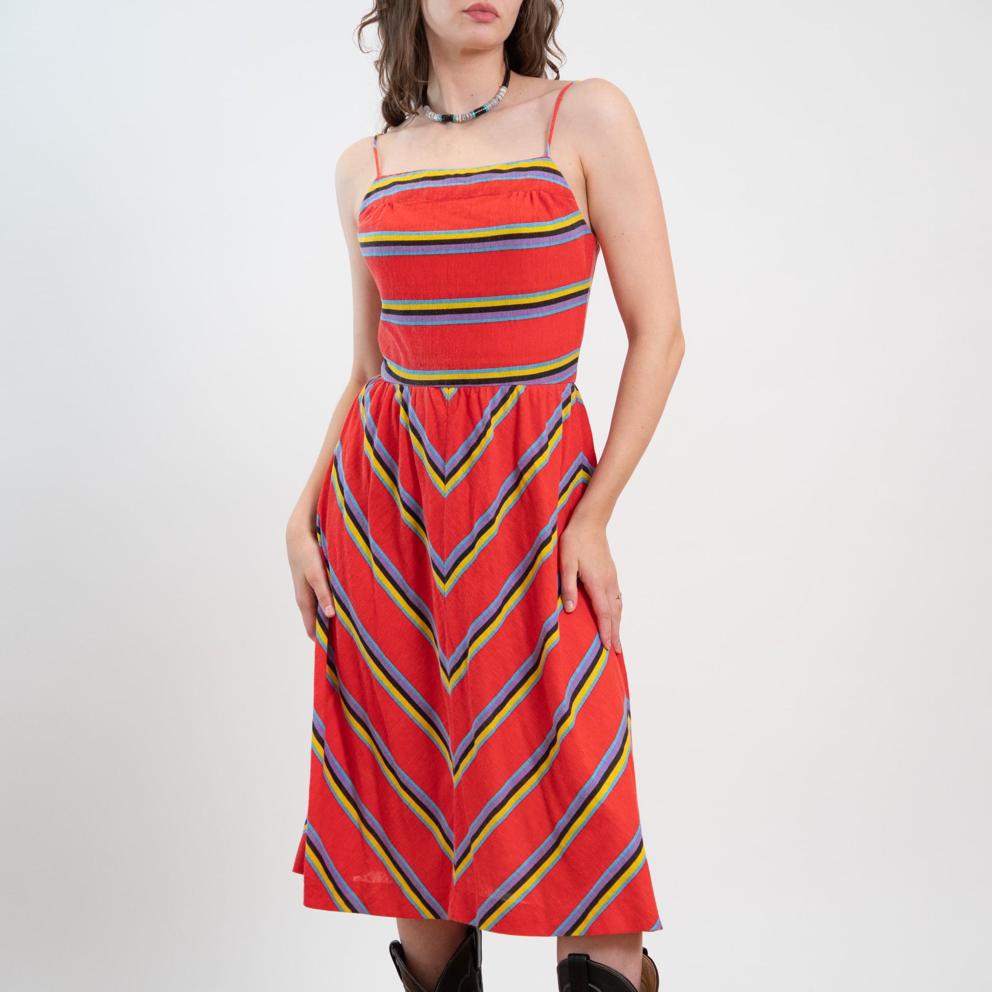 Vintage 70s Red Chevron Striped Low Back Sundress - Medium