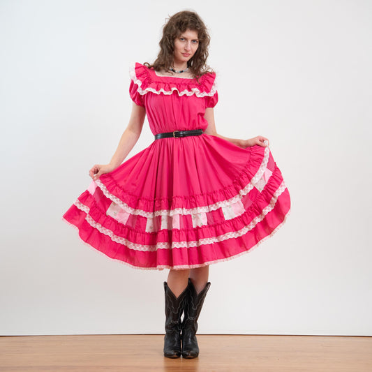 Vintage 70s Hot Pink Patchwork & Lace Square Dance Dress - Medium to Large