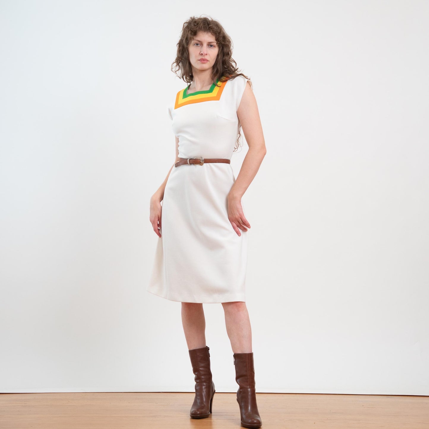 Vintage 70s Mod White Striped Square Neck Midi Dress - Small