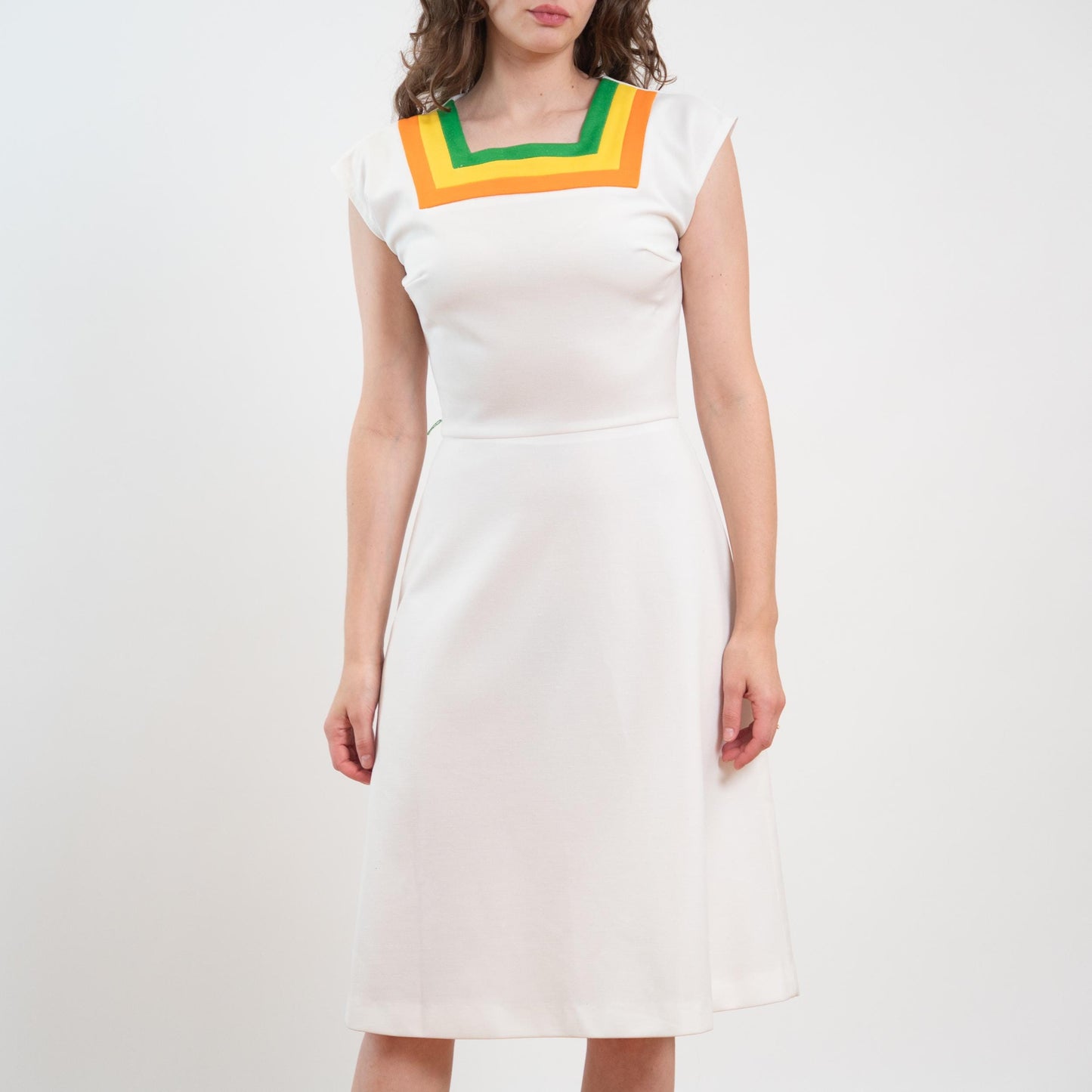 Vintage 70s Mod White Striped Square Neck Midi Dress - Small