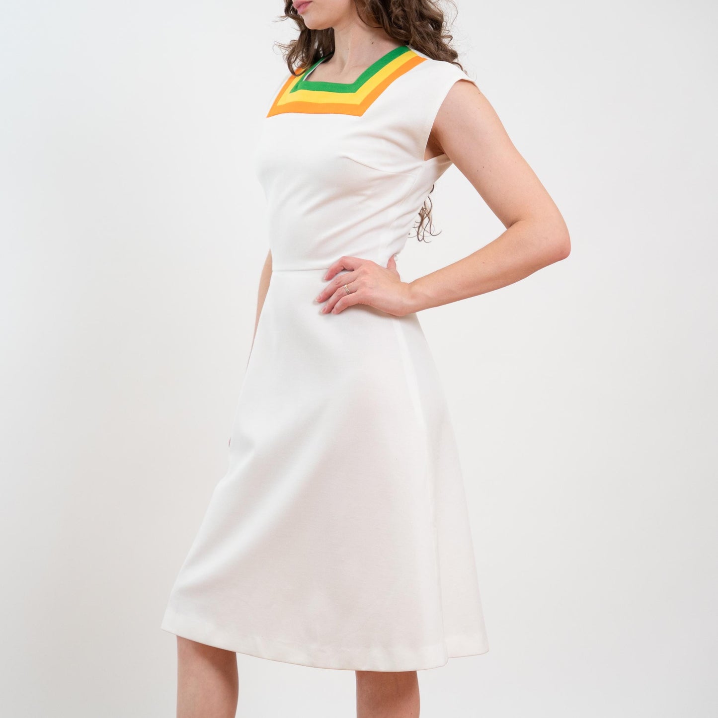 Vintage 70s Mod White Striped Square Neck Midi Dress - Small