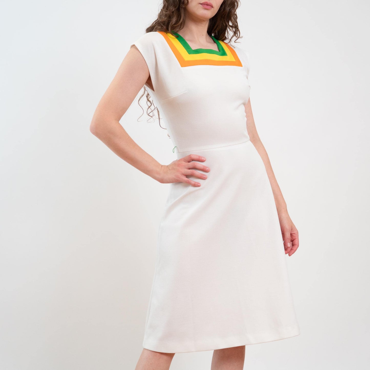 Vintage 70s Mod White Striped Square Neck Midi Dress - Small