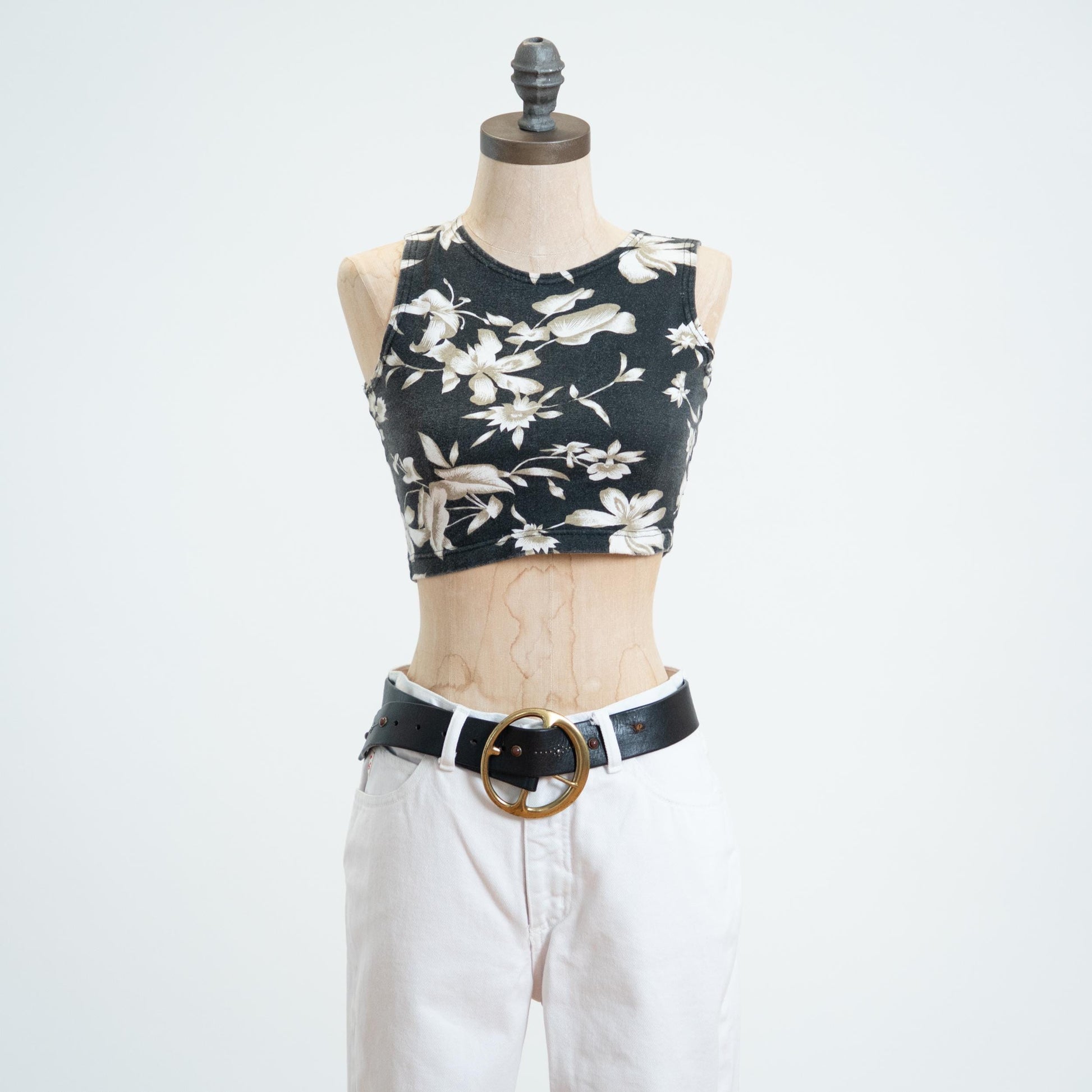 Vintage 90s Black Floral Micro Crop Top - Small