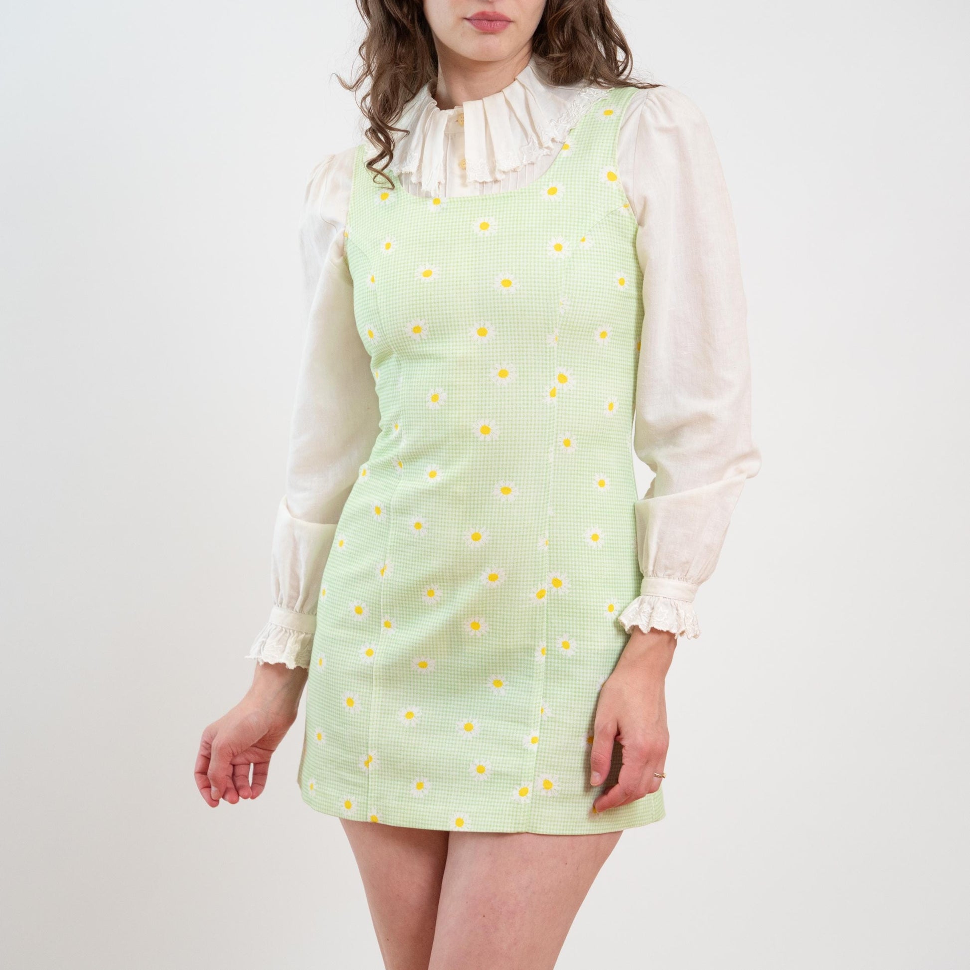 Vintage 90s Mint Green Gingham & Daisy Print Mini Dress - Small