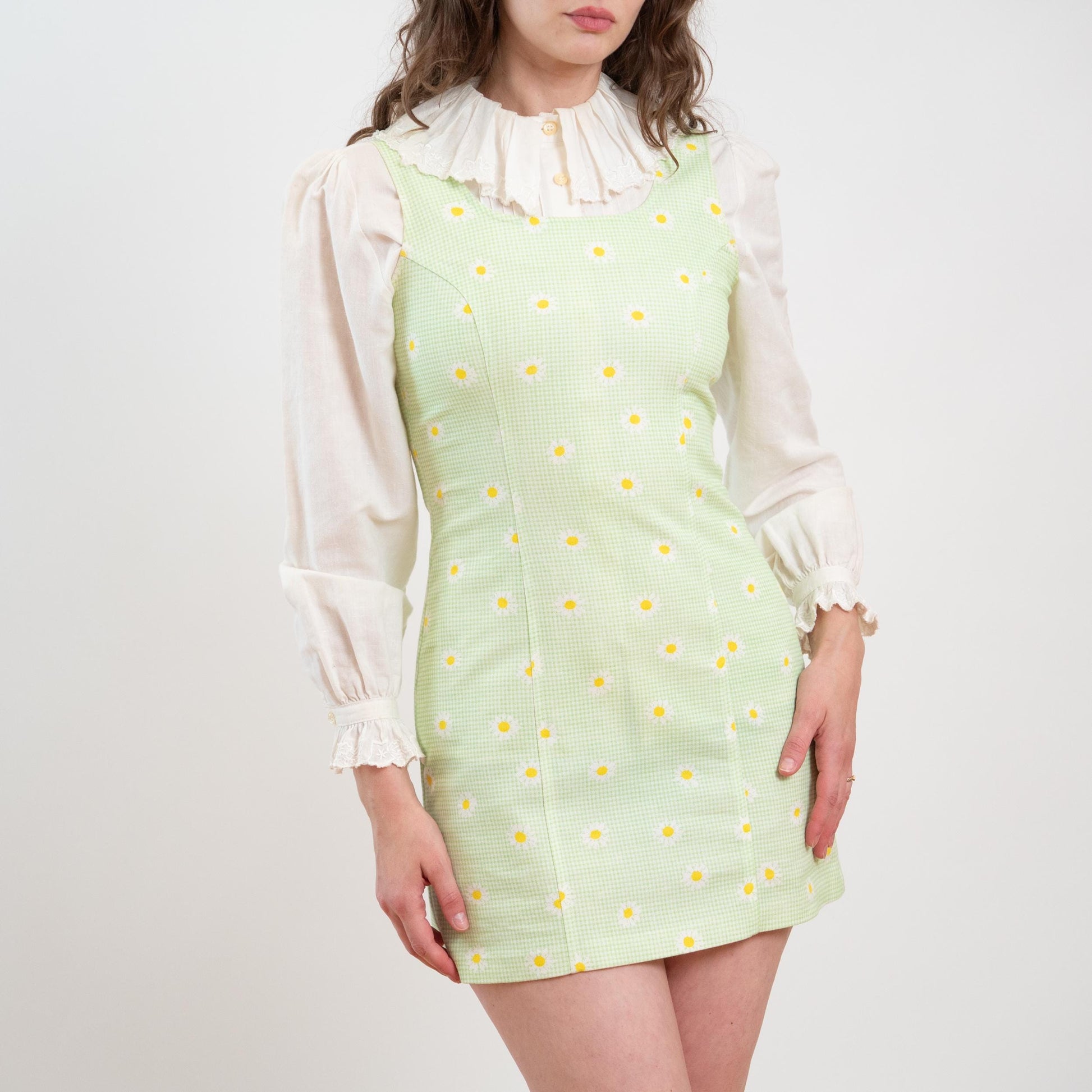 Vintage 90s Mint Green Gingham & Daisy Print Mini Dress - Small