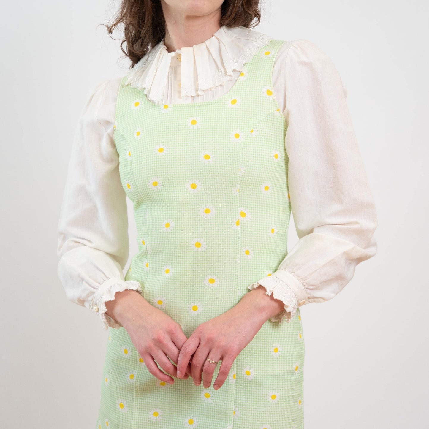 Vintage 90s Mint Green Gingham & Daisy Print Mini Dress - Small