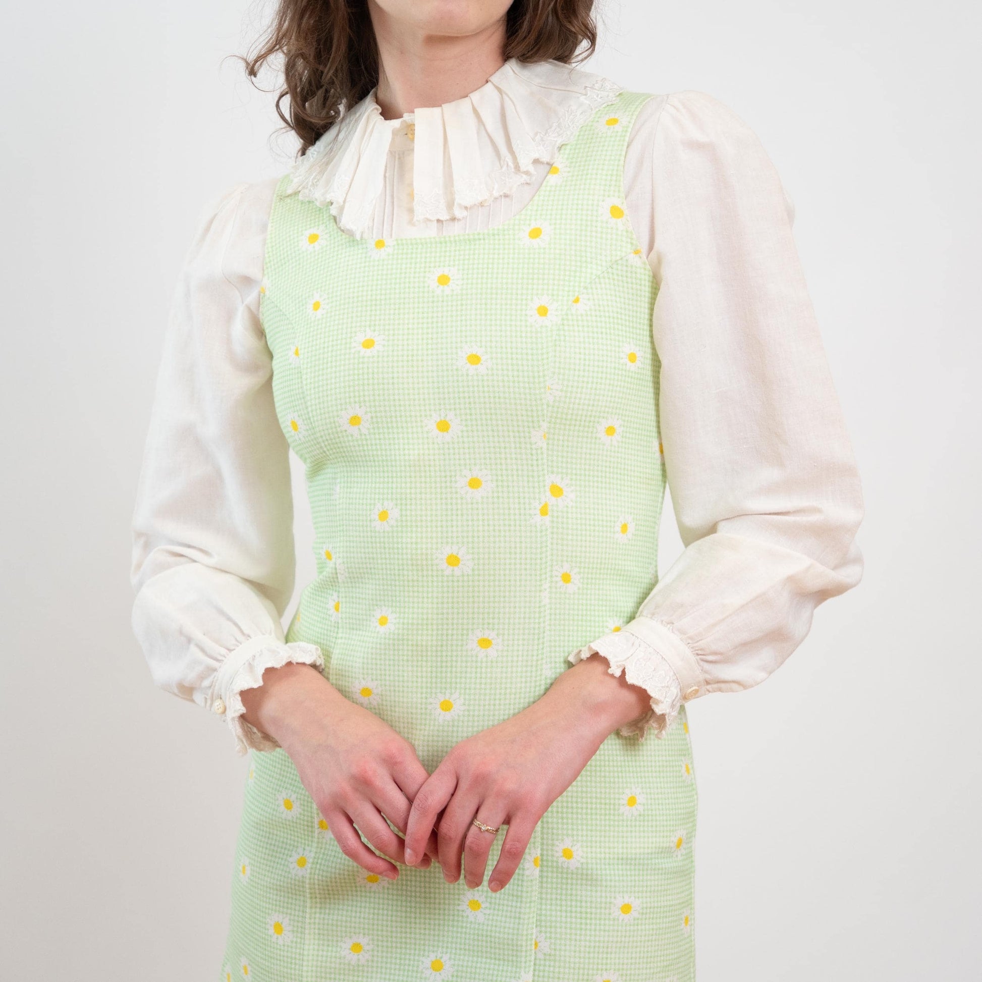 Vintage 90s Mint Green Gingham & Daisy Print Mini Dress - Small
