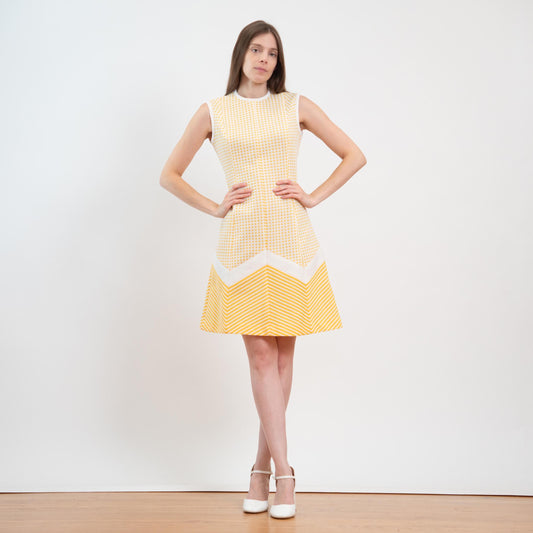 Vintage 60s 70s Kay Windsor Yellow & White Mod Mini Dress - Small