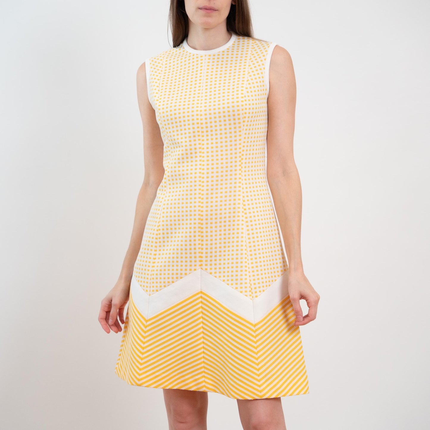 Vintage 60s 70s Kay Windsor Yellow & White Mod Mini Dress - Small
