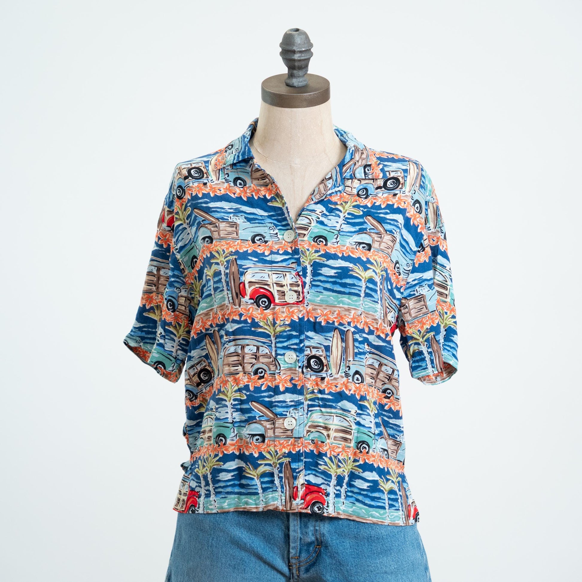 Vintage 90s Woody Wagon Surfer Aloha Shirt - Small