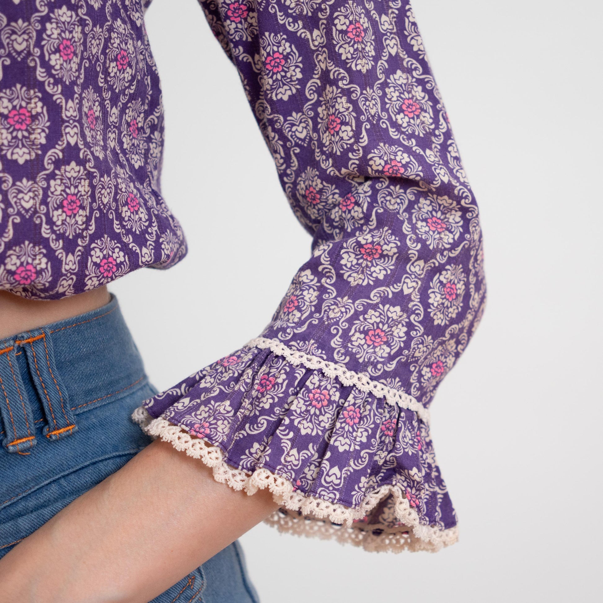 Vintage 60s 70s Purple Baroque Floral Crop Top - Extra Small