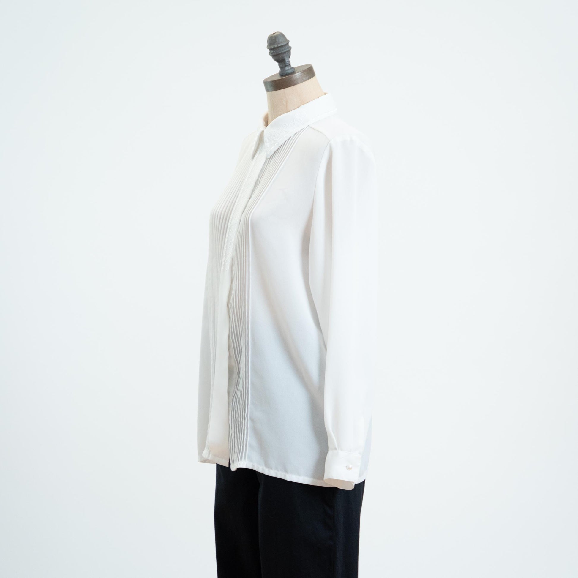Vintage 80s White Knife Pleated Blouse - Medium