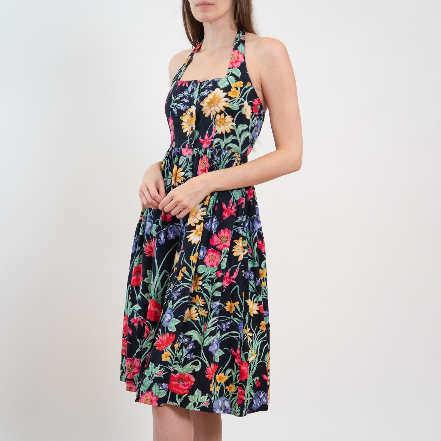 Vintage 80s Black Floral Halter Sundress - Extra Small