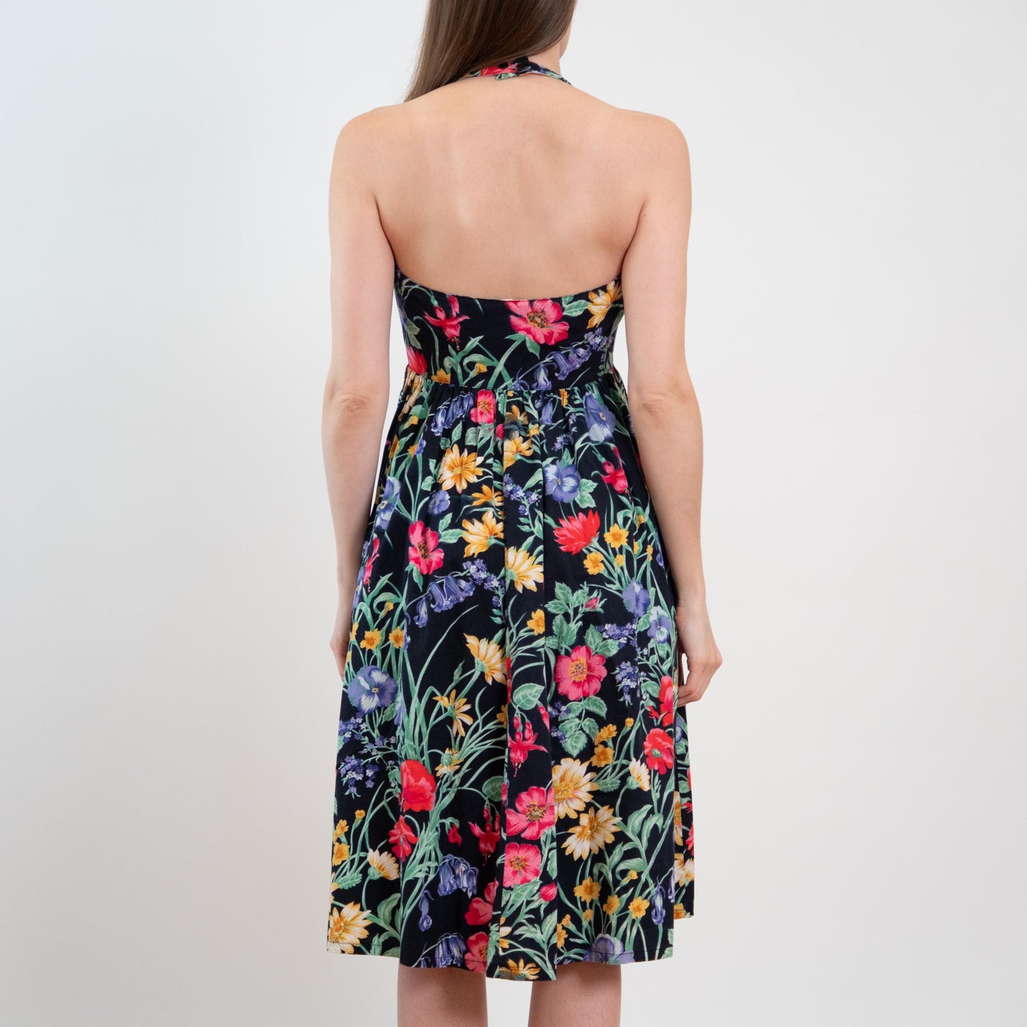 Vintage 80s Black Floral Halter Sundress - Extra Small