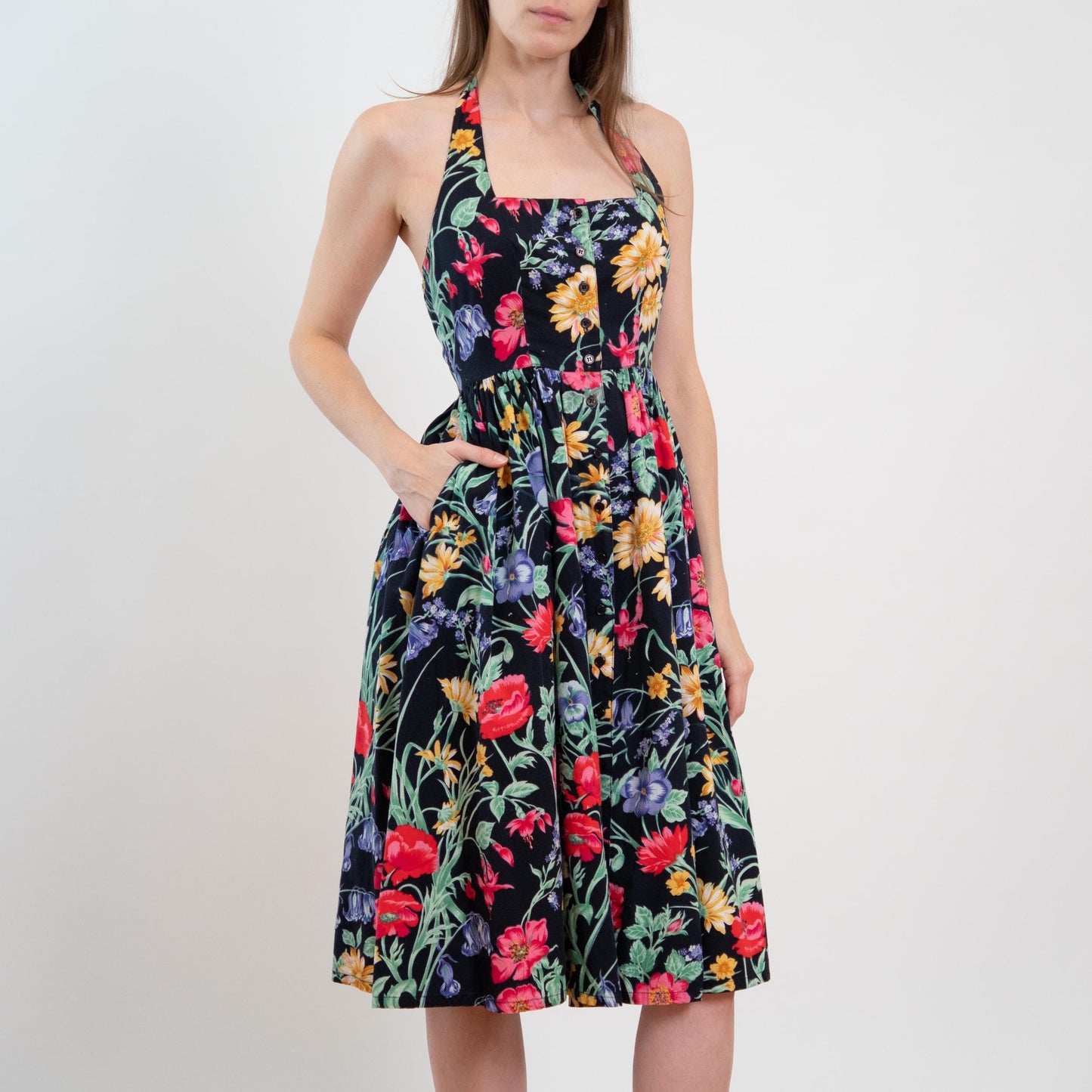 Vintage 80s Black Floral Halter Sundress - Extra Small