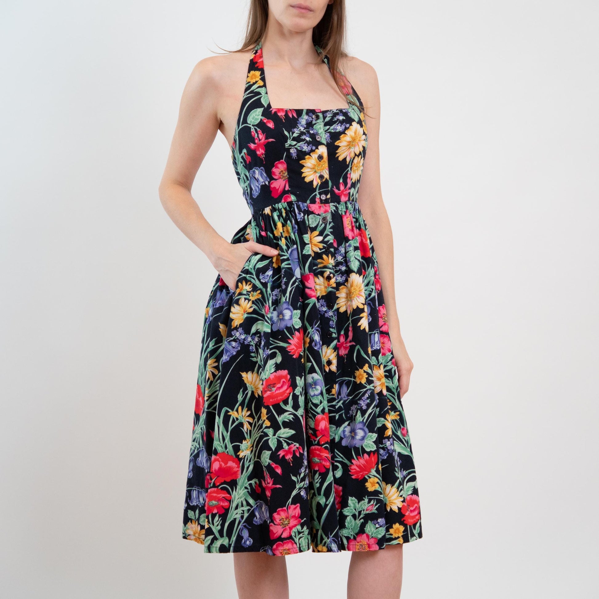 Vintage 80s Black Floral Halter Sundress - Extra Small