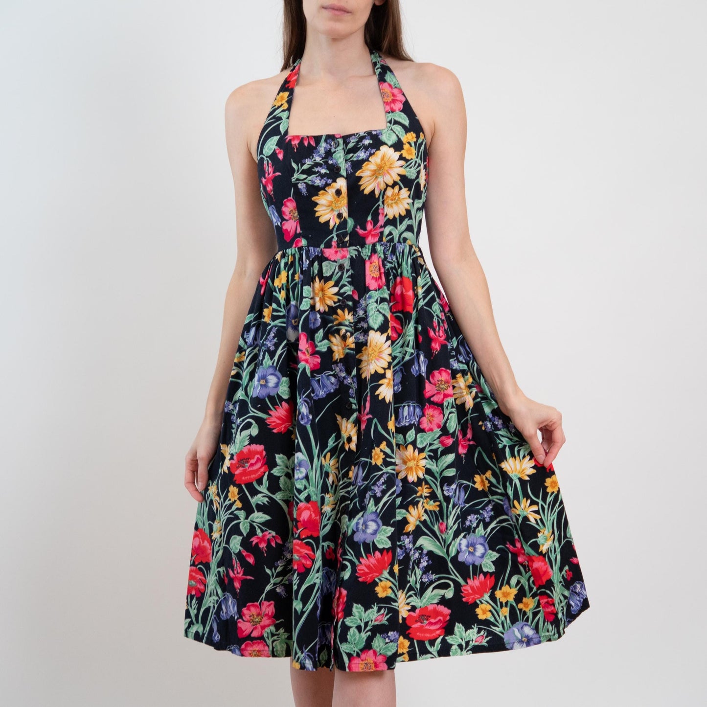 Vintage 80s Black Floral Halter Sundress - Extra Small