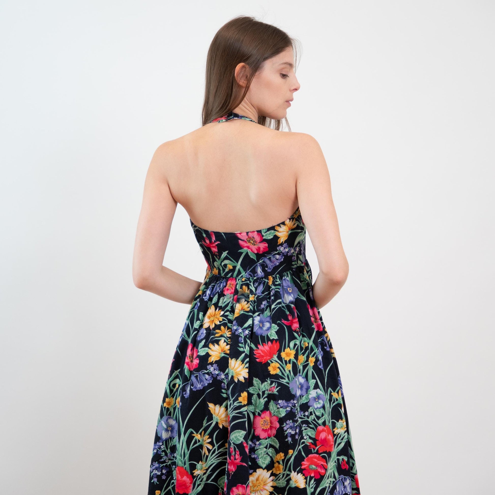 Vintage 80s Black Floral Halter Sundress - Extra Small