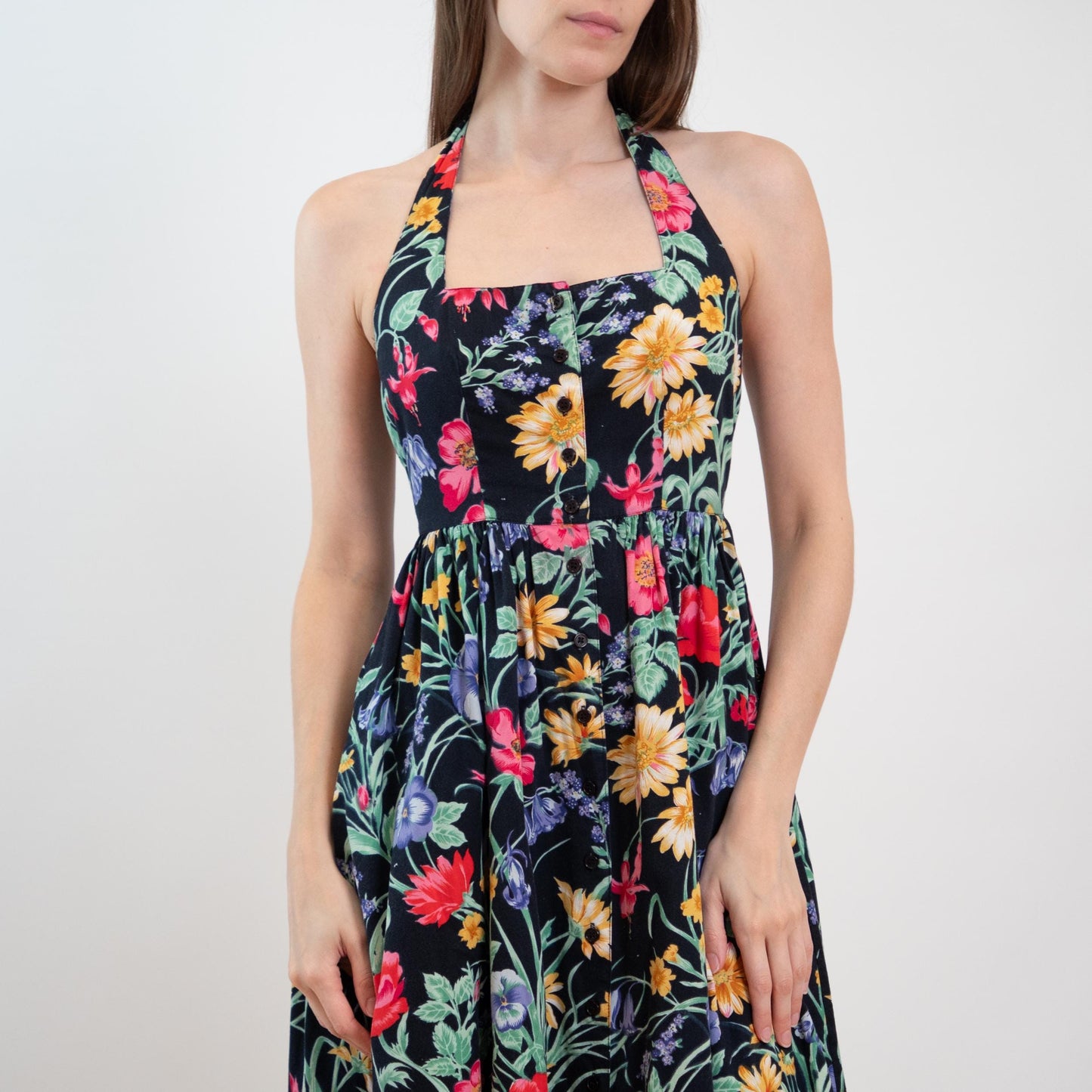 Vintage 80s Black Floral Halter Sundress - Extra Small