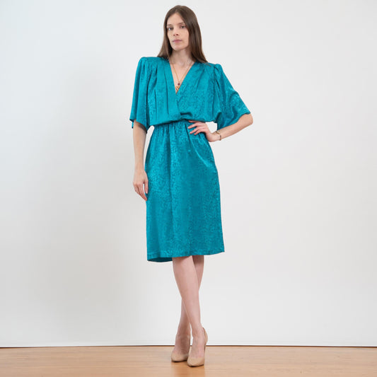 Vintage 80s Turquoise Floral Jacquard Blouson Dress - Medium