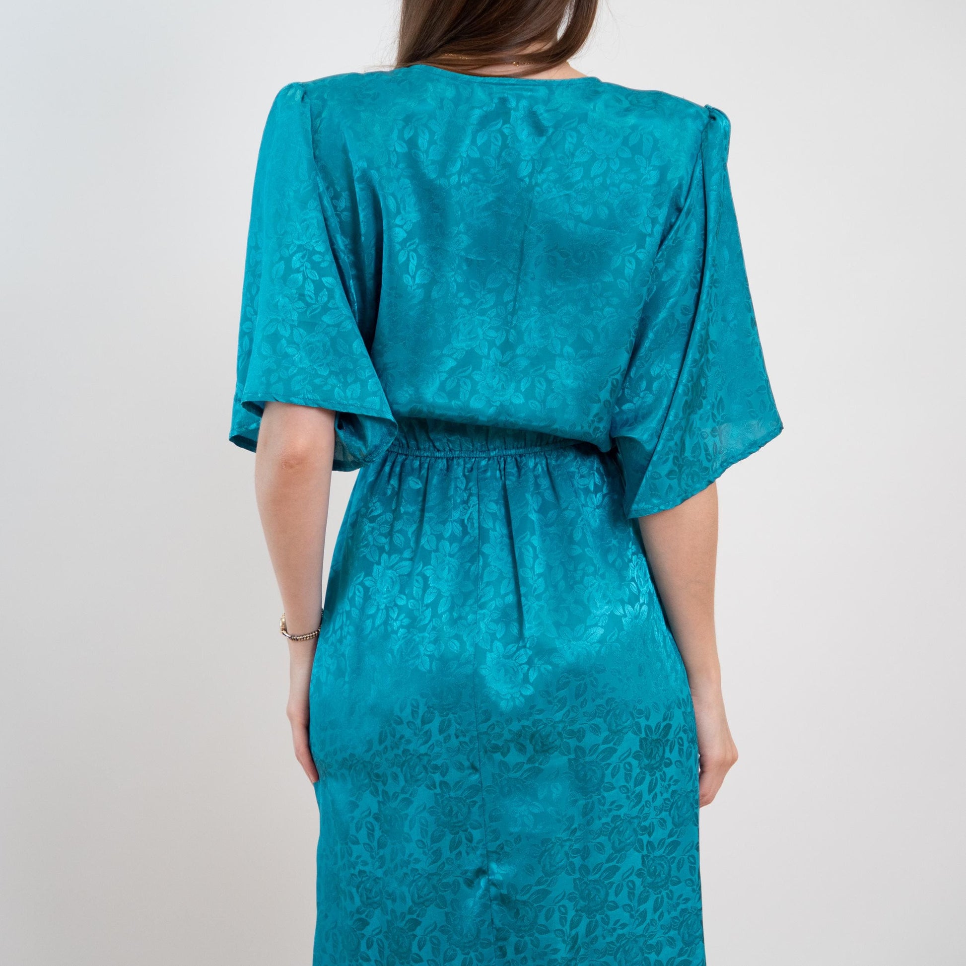 Vintage 80s Turquoise Floral Jacquard Blouson Dress - Medium