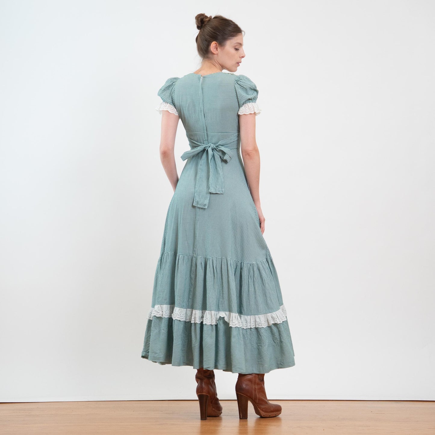 Vintage 60s 70s Gunne Sax Black Label Green Gingham Maxi Dress - Extra Small