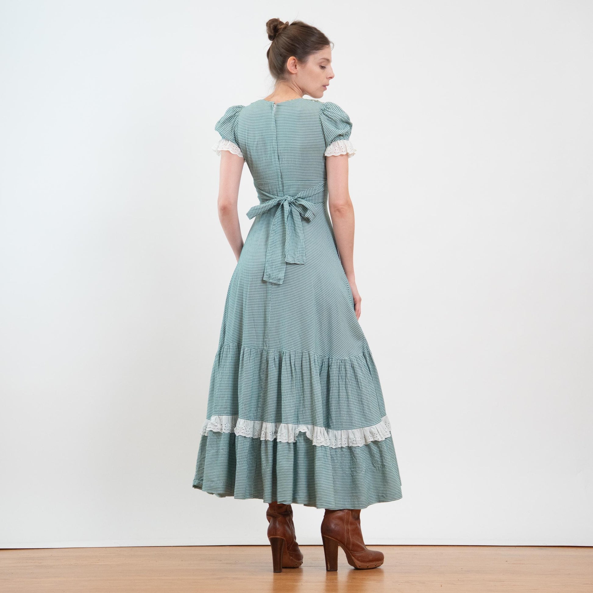 Vintage 60s 70s Gunne Sax Black Label Green Gingham Maxi Dress - Extra Small