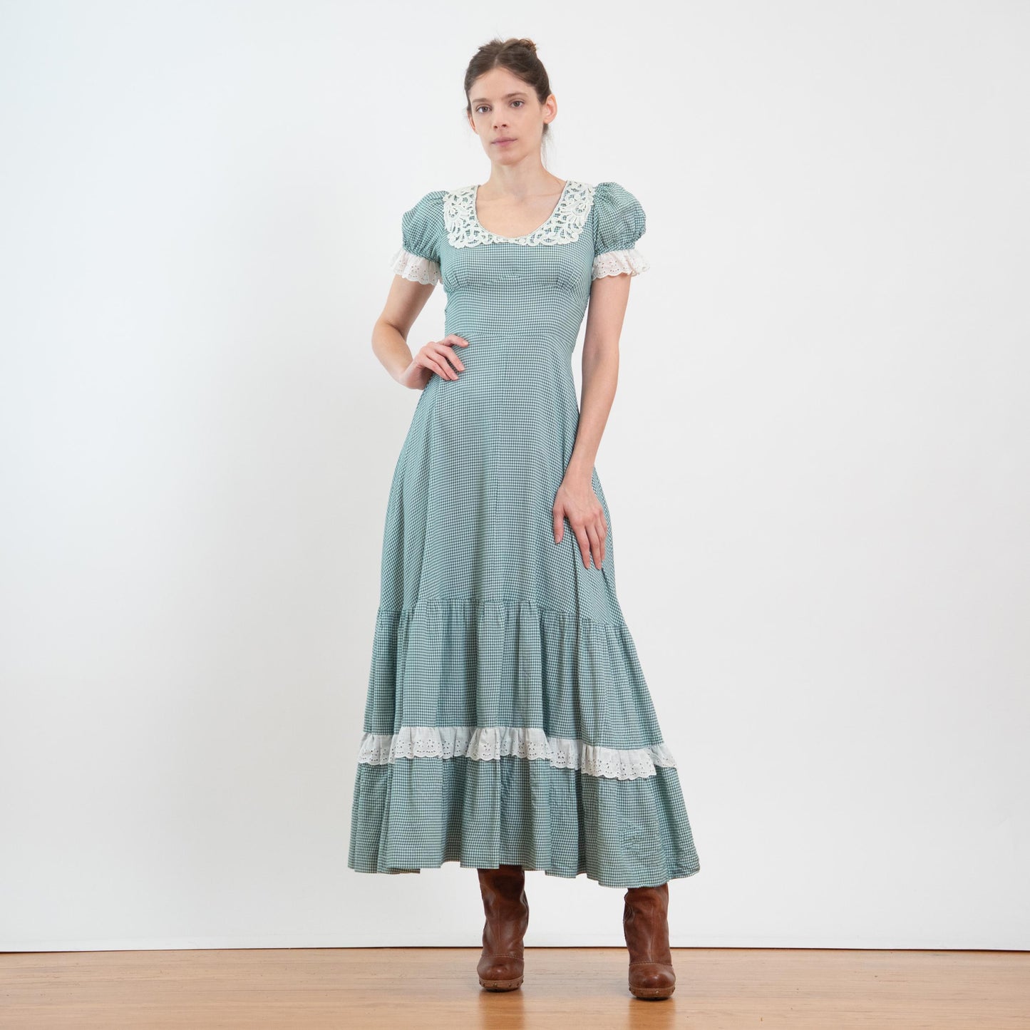 Vintage 60s 70s Gunne Sax Black Label Green Gingham Maxi Dress - Extra Small