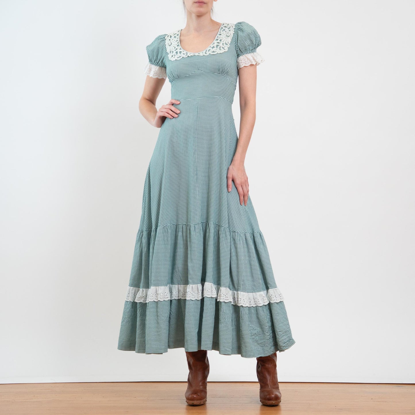 Vintage 60s 70s Gunne Sax Black Label Green Gingham Maxi Dress - Extra Small
